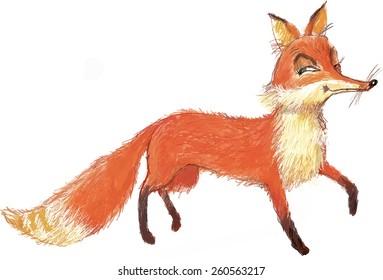 Watercolor Hand Drawn Cunning Fox In Vector