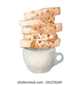 Watercolor hand drawn cup with almond biscotti. Vector eps10