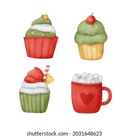 Watercolor hand drawn cupcake set.