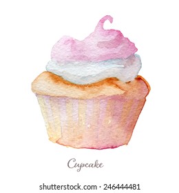 Watercolor hand drawn cupcake. Vectorized eps10