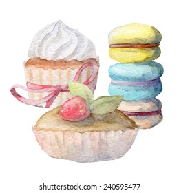 Watercolor Hand drawn cupcakes and macarons, vectorized painting, eps10