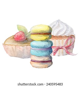 Watercolor Hand drawn cupcakes and macarons, vectorized painting, eps10