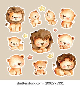 Watercolor hand drawn cute lion sticker set