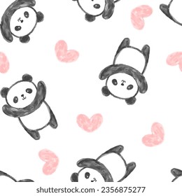 watercolor hand drawn cute panda bear with pink hearts background, girl seamless pattern fabric design