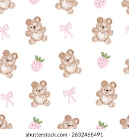 Watercolor hand drawn cute teddy bears with strawberry and bow, kids seamless pattern, kawaii motif background