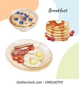 Watercolor hand drawn delicious breakfast set