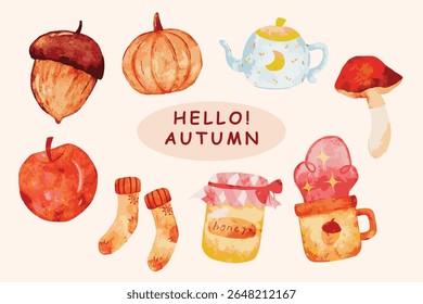 Watercolor hand drawn elements collection for autumn celebration printable
