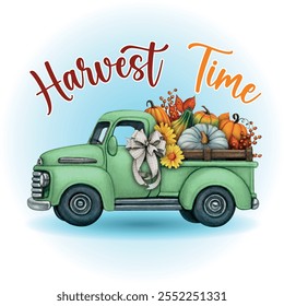 Watercolor hand drawn fall season truck full of pumpkins