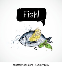 Watercolor hand drawn fish with lemon and herb. Isolated natural food illustration on white background.