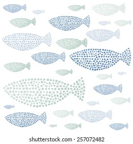 Watercolor hand drawn fishes in vector. Seamlessly tiling fish pattern.