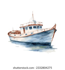 Watercolor hand drawn fishing boat isolated on white background. illustration