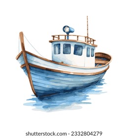 Barco de pesca acuarela de fondo blanco. ilustración