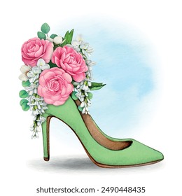 Watercolor hand drawn floral wedding shoe