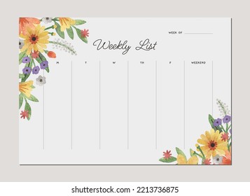 Watercolor hand drawn floral weekly planner