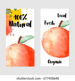 Watercolor hand drawn fresh fruit advertisement flyer. Abstract watercolors composition, organic market flyers vector illustration. Fresh organic fruit banner, farmers market.