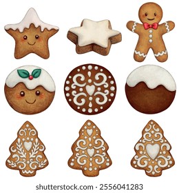 Watercolor hand drawn gingerbread cookies