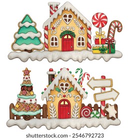 Watercolor hand drawn gingerbread house 