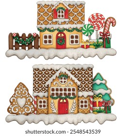 Watercolor hand drawn gingerbread house 