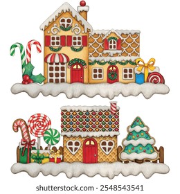 Watercolor hand drawn gingerbread house 