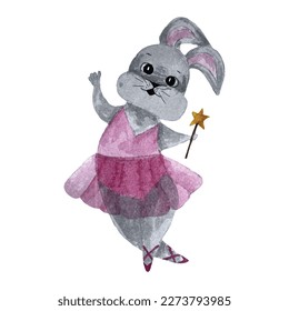 watercolor hand drawn gray hare, rabbit in a pink ballet outfit, pointe shoes, with a yellow magic wand with a star	