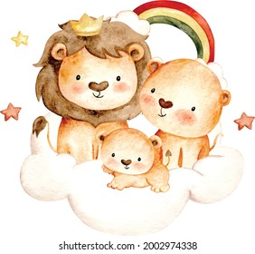 Watercolor hand drawn happy lion family