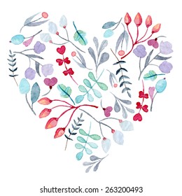 watercolor hand drawn heart with floral ornament, eps10