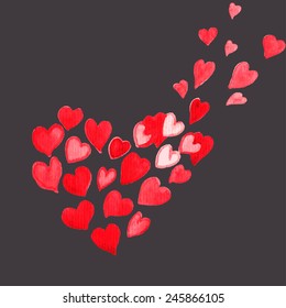 Watercolor hand drawn heart made of many small hearts. Love Valentine's day card. Flying hearts.