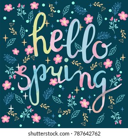 Watercolor hand drawn Hello spring greeting card. Print for design or background 