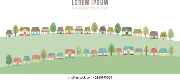 watercolor hand drawn houses and trees