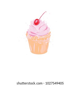 A watercolor hand drawn ice cream cone on white background. Delicious dessert in vector illustration eps10.