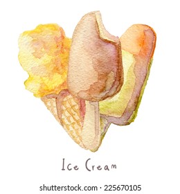 Watercolor hand drawn ice cream set. Eps10