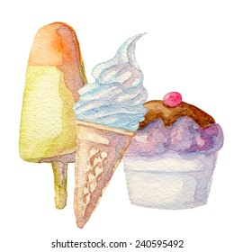 Watercolor Hand drawn Ice Cream, vectorized painting, eps10
