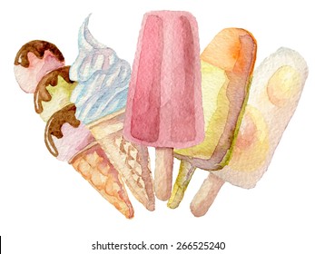 Watercolor hand drawn ice cream set. Eps10