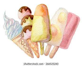 Watercolor hand drawn ice cream set. Eps10