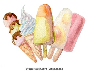 Watercolor hand drawn ice cream set. Eps10