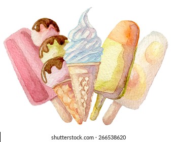 Watercolor hand drawn ice cream set. Eps10