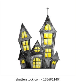 Watercolor hand drawn illustration of a black haunted house, with yellow windows, isolated on white. Happy Halloween celebration greeting card design.
