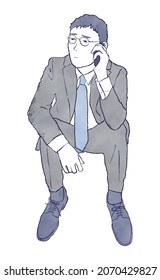 Watercolor hand drawn illustration of a businessman calling with a sad face, man sitting in suit with glasses, smartphone, contact, sorry