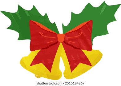 Watercolor Hand Drawn Illustration of Christmas Bell, Ribbon, bow and Holly
