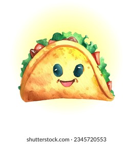 Watercolor hand drawn illustration happy taco