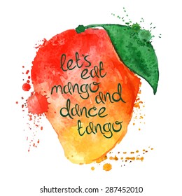 Watercolor hand drawn illustration of isolated mango fruit silhouette on a white background. Typography poster with creative slogan.