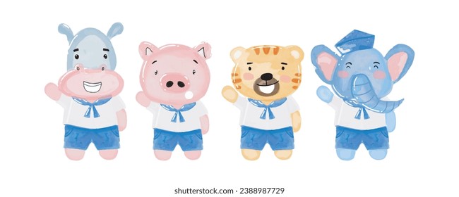 watercolor hand drawn illustration little hippo, elephant, pig, tiger sailor costume