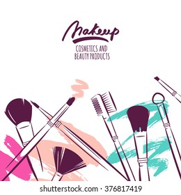 Watercolor hand drawn illustration of makeup brushes on colorful grunge background. Abstract vector banner design. Concept for beauty salon, cosmetics label, cosmetology procedures, visage and makeup.