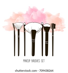 Watercolor hand drawn illustration set of makeup brushes on colorful grunge background. Abstract vector banner design. Concept for beauty salon, cosmetics label, cosmetology, visage and makeup.