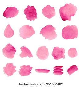 Watercolor hand drawn isolated pink brush spots and strokes on white background. Traced vector wet texture illustration, eps10. Design painted stains element set for decor, scrapbook, banner, card.