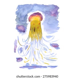 Watercolor hand drawn jellyfish illustration. Isolated on white background. Vector.

