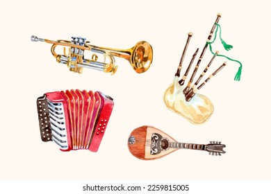 Watercolor hand drawn musical instruments collection