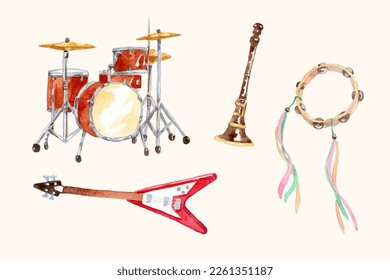 Watercolor hand drawn musical instruments collection