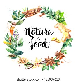 Watercolor hand drawn natural fresh herbs and spices on white background. Eco food organic cafe menu design