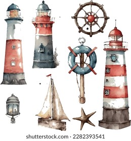 Watercolor hand drawn nautical - marine illustration with lighthouse, steering wheel, and seafaring elements